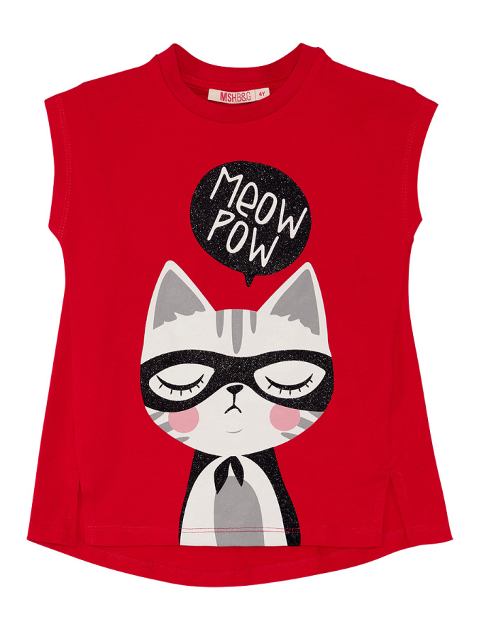 Kırmızı Meow Pow Çizgili Kız Çocuk Yazlık T-shirt Tayt Takım - 14
