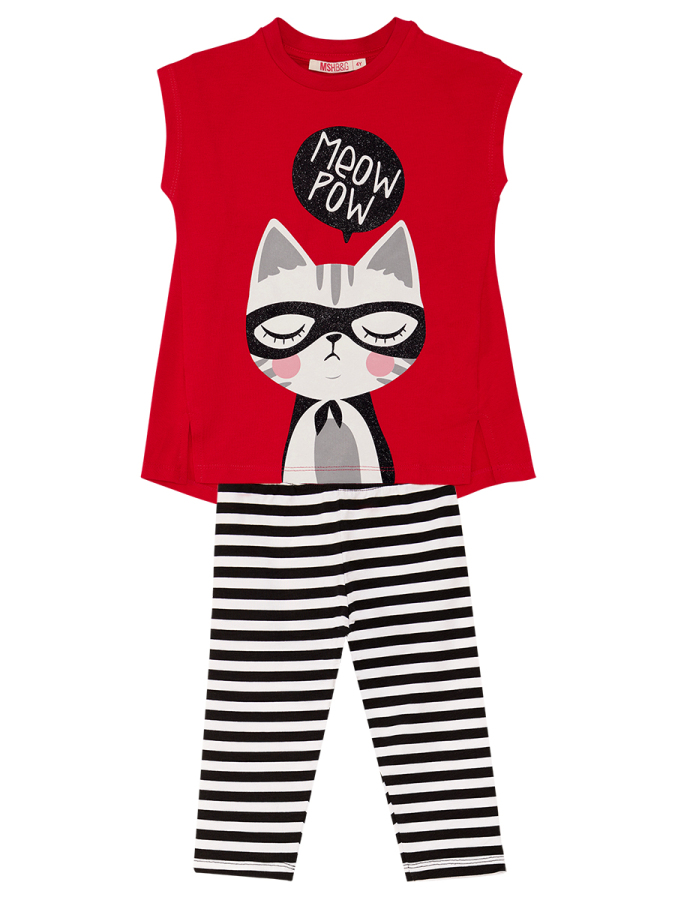 Kırmızı Meow Pow Çizgili Kız Çocuk Yazlık T-shirt Tayt Takım - 3