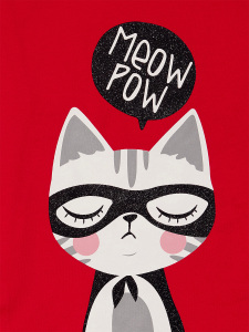 Kırmızı Meow Pow Çizgili Kız Çocuk Yazlık T-shirt Tayt Takım - 9