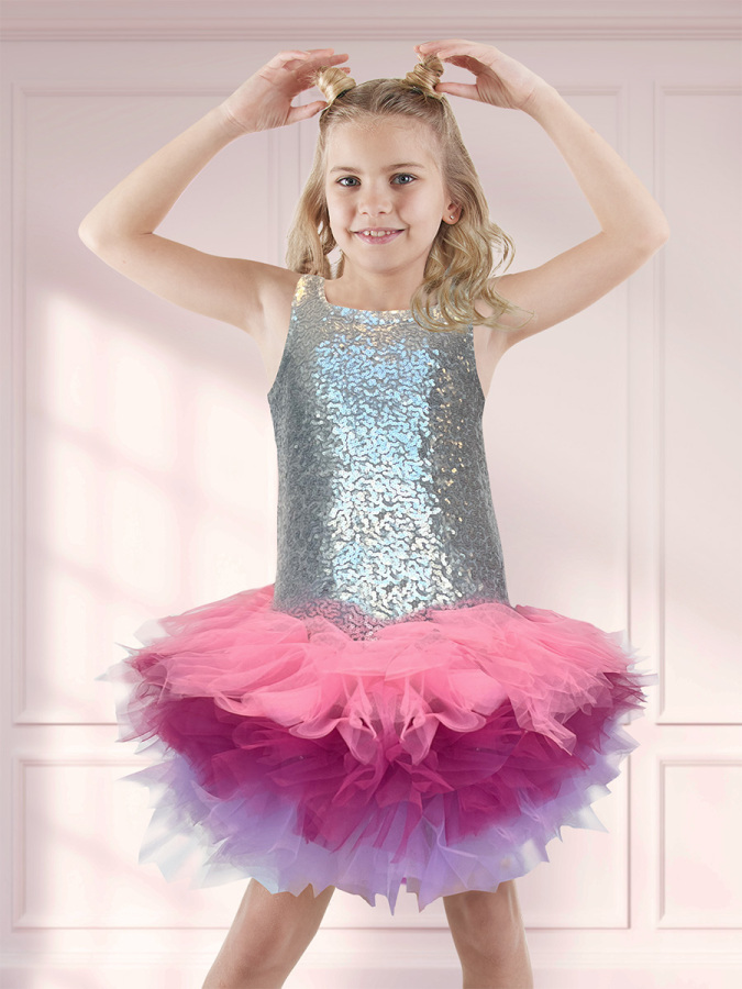 Metalik Gümüş Payetli Doğum Günü Tüllü Tütü Abiye Kız Çocuk Elbisesi - 1