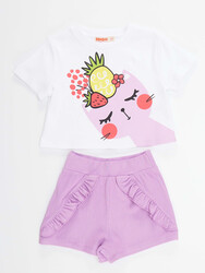 Meyveli Kedi Kız Çocuk T-shirt Şort Takım - Thumbnail