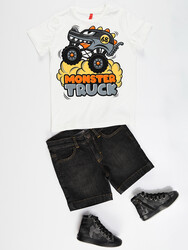 Monster Cars Boy Denim Shorts Set - Thumbnail
