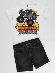 Monster Cars Boy Denim Shorts Set - Thumbnail