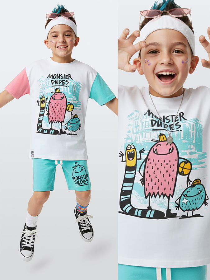 Erkek Çocuk Takım Canavar Baskılı %100 Pamuk T-Shirt Pamuk Şort Yazlık Takım - 1