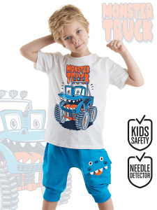 Monster Truck Erkek Çocuk Yazlık T-shirt Kapri Şort Takım - Denokids