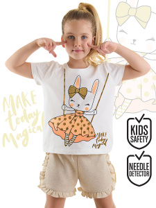 Mutlu Tavşan Fırfırlı Kız Çocuk Yazlık T-shirt Simli Şort Takım - Denokids