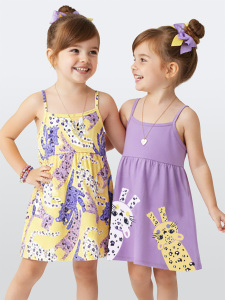 Kız Çocuk Yazlık Elbise 2'li Paket Leopar Sarı Lila - Denokids