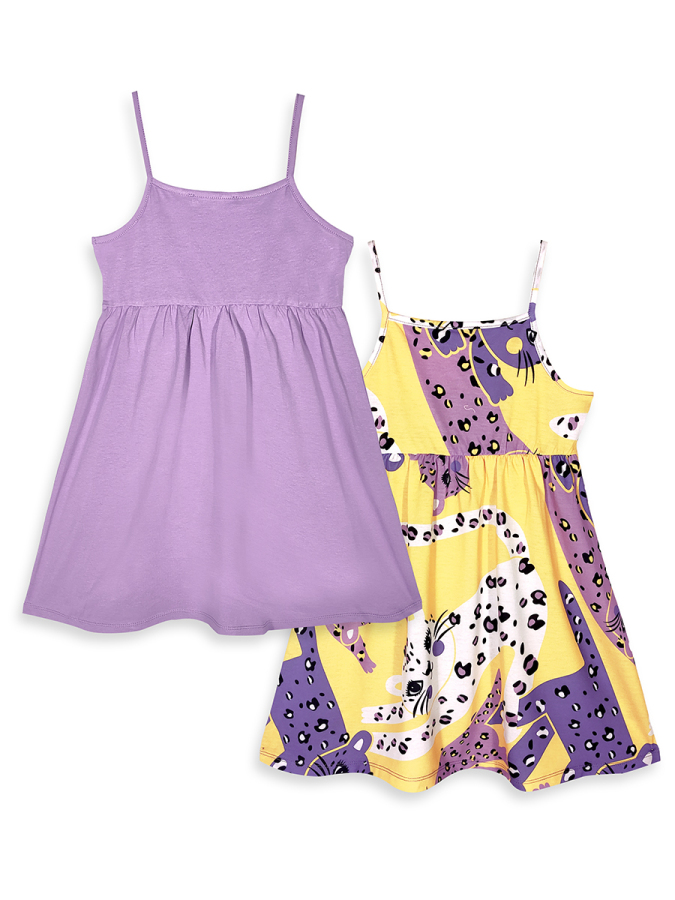 Kız Çocuk Yazlık Elbise 2'li Paket Leopar Sarı Lila - 5