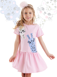 Leopar Eteği Büzgülü Kız Çocuk Pembe Yazlık Penye Elbise - Denokids