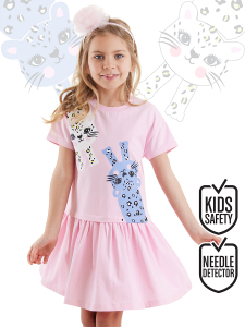 Leopar Eteği Büzgülü Kız Çocuk Pembe Yazlık Penye Elbise - Denokids