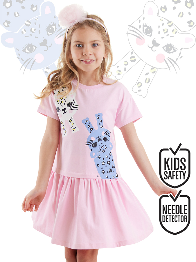 Leopar Eteği Büzgülü Kız Çocuk Pembe Yazlık Penye Elbise - 1