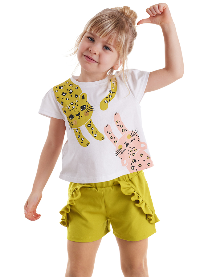 Muzip Kediler Fırfırlı Kız Çocuk Yazlık T-shirt Şort Takım - 1