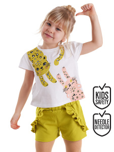 Muzip Kediler Fırfırlı Kız Çocuk Yazlık T-shirt Şort Takım - Denokids