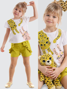 Muzip Kediler Fırfırlı Kız Çocuk Yazlık T-shirt Şort Takım - Denokids
