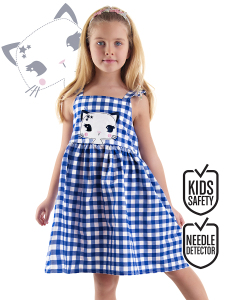 Navy Blue Checked Cat Dress - Denokids