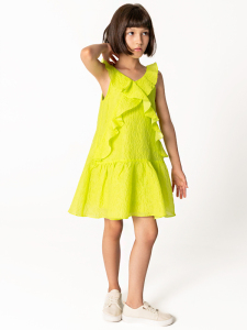 Neon Yeşil Kolsuz Fırfırlı Kız Çocuk Elbise - 2
