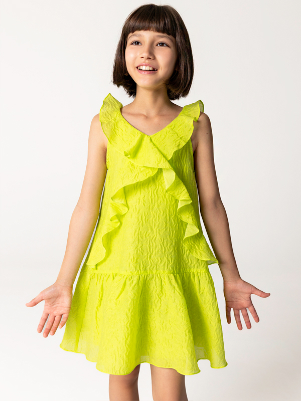 Neon Yeşil Kolsuz Fırfırlı Kız Çocuk Elbise - 1