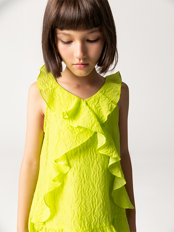 Neon Yeşil Kolsuz Fırfırlı Kız Çocuk Elbise - 3