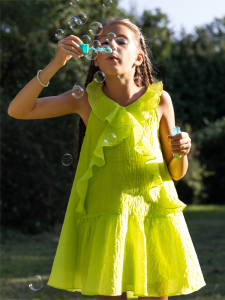 Neon Yeşil Kolsuz Fırfırlı Kız Çocuk Elbise - 4