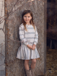 Organik Bej Lacivert Uzun Kollu Kız Çocuk Elbise - Antebies