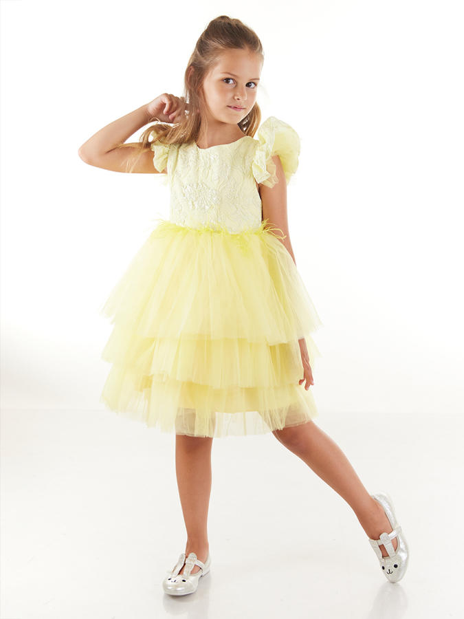 Otriş Detaylı Tütü Kabarık Kız Çocuk Sarı Abiye Elbise - 3