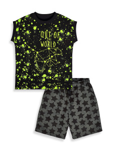 Erkek Çocuk Takım Uzay Baskılı Siyah T-Shirt Ve Yıldızlı Gri Şort Yazlık Takım - 5