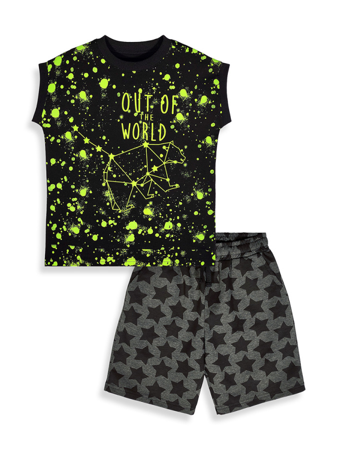 Erkek Çocuk Takım Uzay Baskılı Siyah T-Shirt Ve Yıldızlı Gri Şort Yazlık Takım - 5