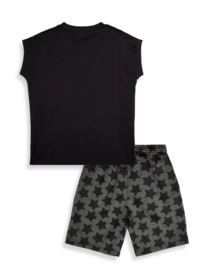 Erkek Çocuk Takım Uzay Baskılı Siyah T-Shirt Ve Yıldızlı Gri Şort Yazlık Takım - 6