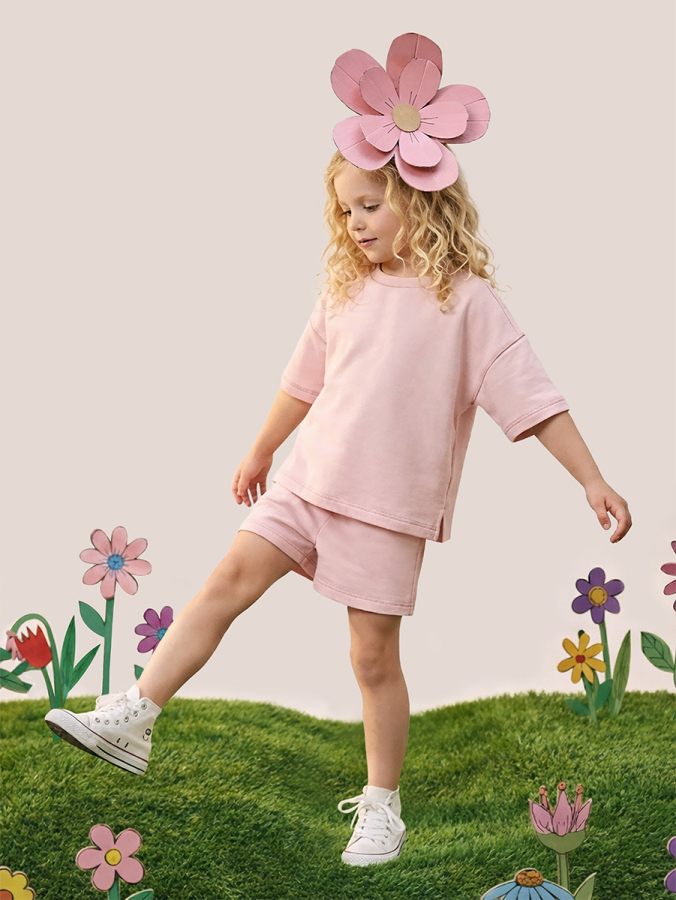 Pembe Oversize T-shirt Şort Takım Kız Çocuk %100 Pamuk - 1