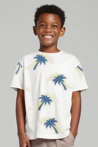Palm Ekru Mavi Desenli Pamuklu Erkek Çocuk Tshirt - 1