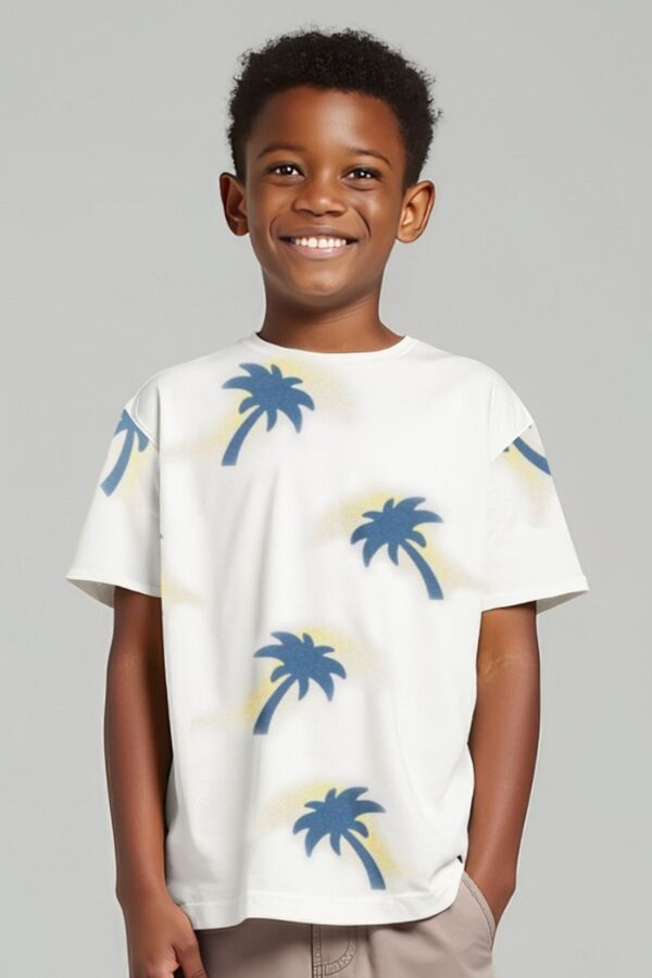 Palm Ekru Mavi Desenli Pamuklu Erkek Çocuk Tshirt - 1