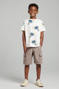 Palm Ekru Mavi Desenli Pamuklu Erkek Çocuk Tshirt - 2