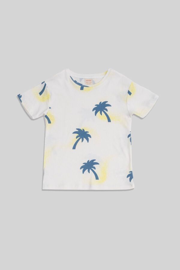 Palm Ekru Mavi Desenli Pamuklu Erkek Çocuk Tshirt - 3