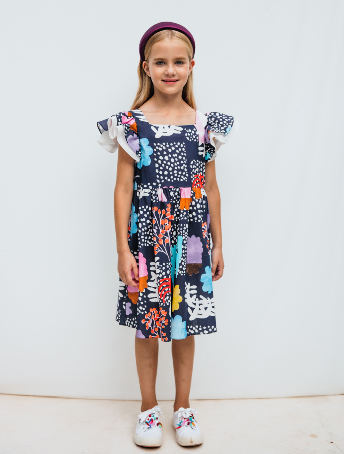 Pamuklu Desenli Kısa Kollu Kız Çocuk Elbise - 1