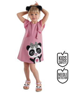 Panda Fırfır Detaylı Kız Çocuk Pembe Yazlık Elbise - Denokids