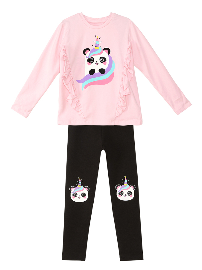 Panda Unicorn Kız Çocuk Fırfırlı T-shirt Tayt Takım - 2