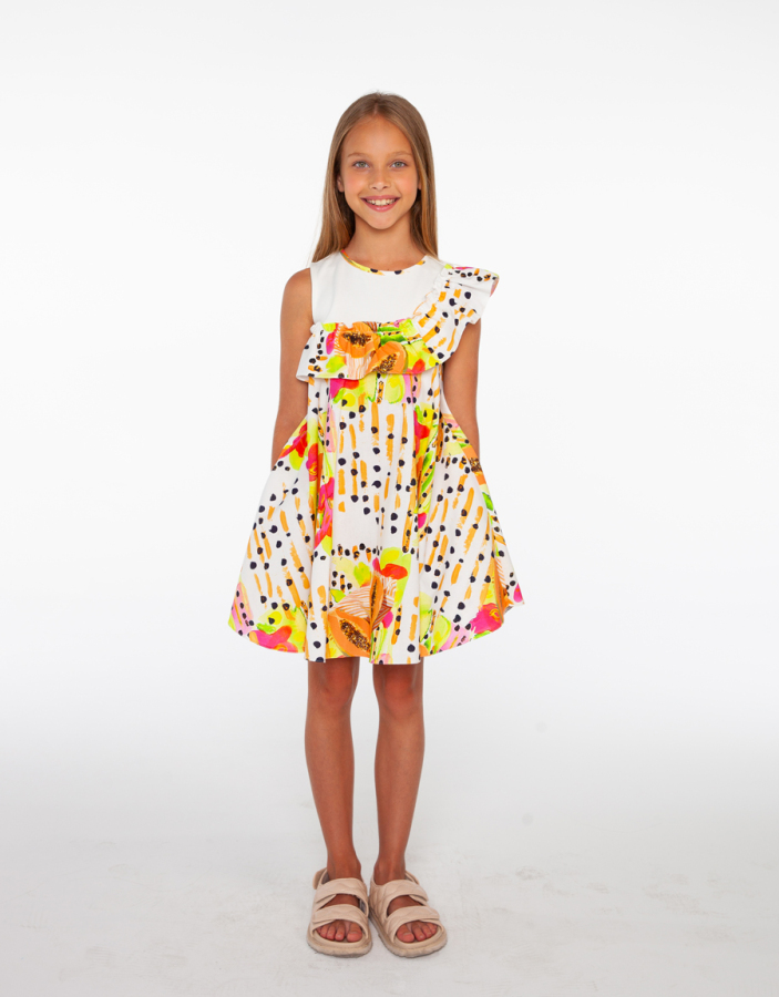 Papaya Desenli, Rahat Kalıp Kız Çocuk Elbise - 1