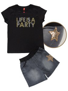 Party Kız Çocuk T-shirt Denim Şort Takım - 3