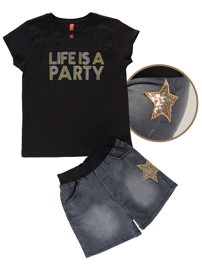 Party Kız Çocuk T-shirt Denim Şort Takım - 3