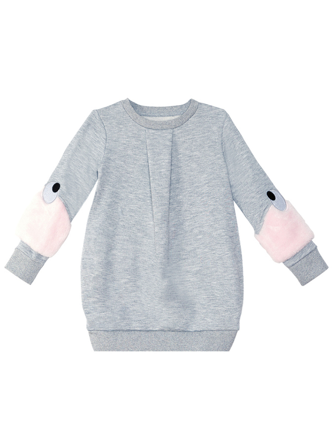 Gri Peluş Kollu Kız Çocuk Elbise - 3