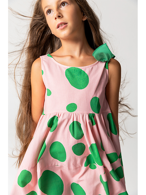 Pembe Benekli Kolsuz Pamuklu Kız Çocuk Elbise - 3