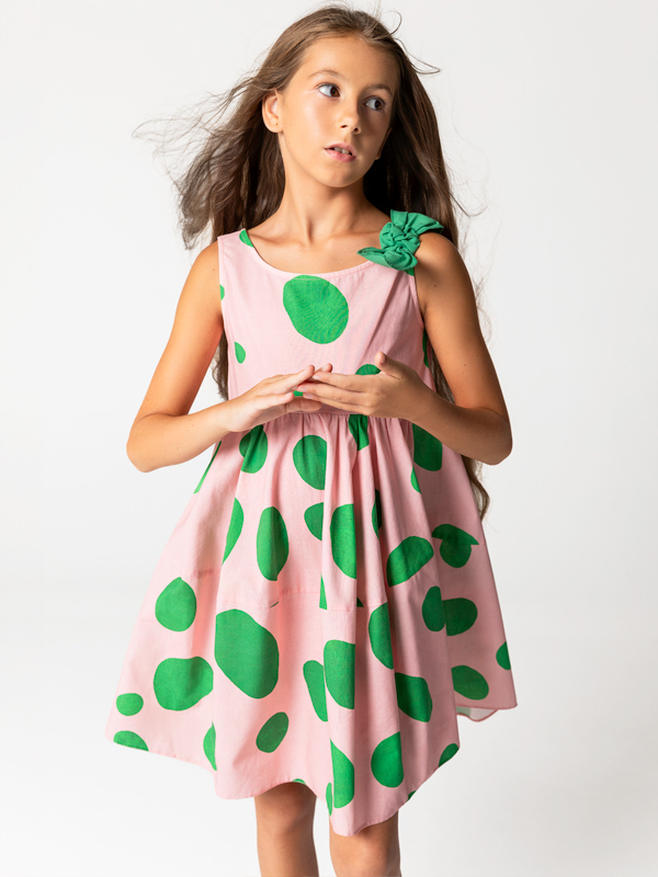 Pembe Benekli Kolsuz Pamuklu Kız Çocuk Elbise - 1