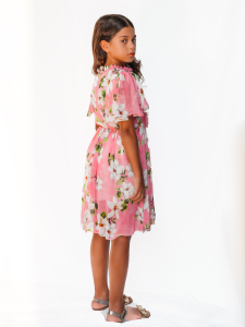 Pembe Çiçek Desenli Şifon Kız Çocuk Elbise - 2