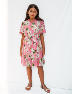 Pembe Çiçek Desenli Şifon Kız Çocuk Elbise - SheShe