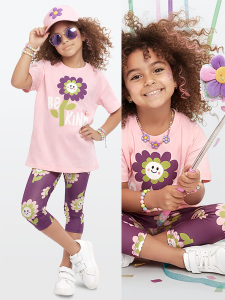 Kız Çocuk Takım Çiçekli T-shirt Tayt İlkbahar Yaz 3-10 Yaş - Denokids