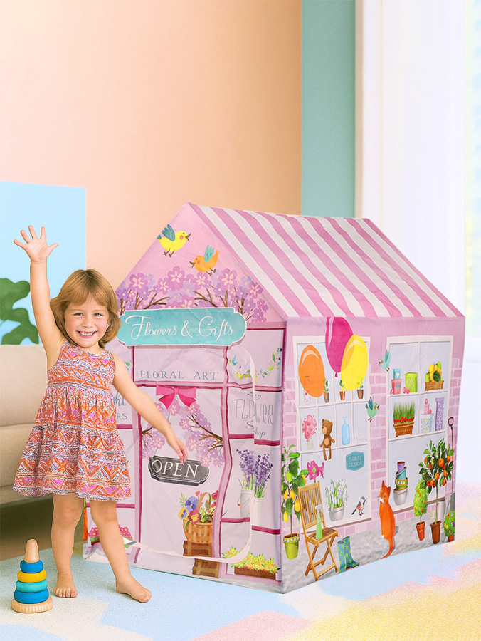 Pembe Çiçekli Kız Çocuk Oyun Evi Katlanabilir ve Eğlenceli Oyun Çadırı - 1