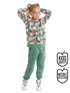 Pembe Çiçekli Kız Çocuk Yeşil Kışlık Eşofman Takım - Denokids