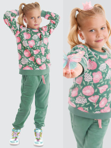 Pembe Çiçekli Kız Çocuk Yeşil Kışlık Eşofman Takım - Denokids