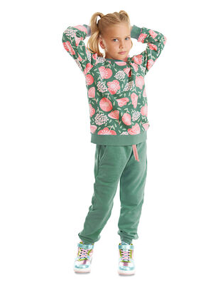 Pembe Çiçekli Kız Çocuk Yeşil Eşofman Takım