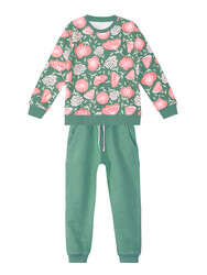 Pembe Çiçekli Kız Çocuk Yeşil Eşofman Takım - Thumbnail